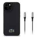 iPhone 15 Lacoste Lisanslı PU Pike Desenli Kılıf, Siyah, Type-C Kablo Hediyeli