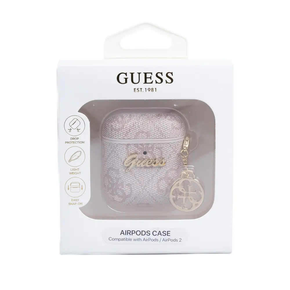 AirPods Kılıf Guess Lisanslı 4G Desenli PU Deri, Sağdan Askılı