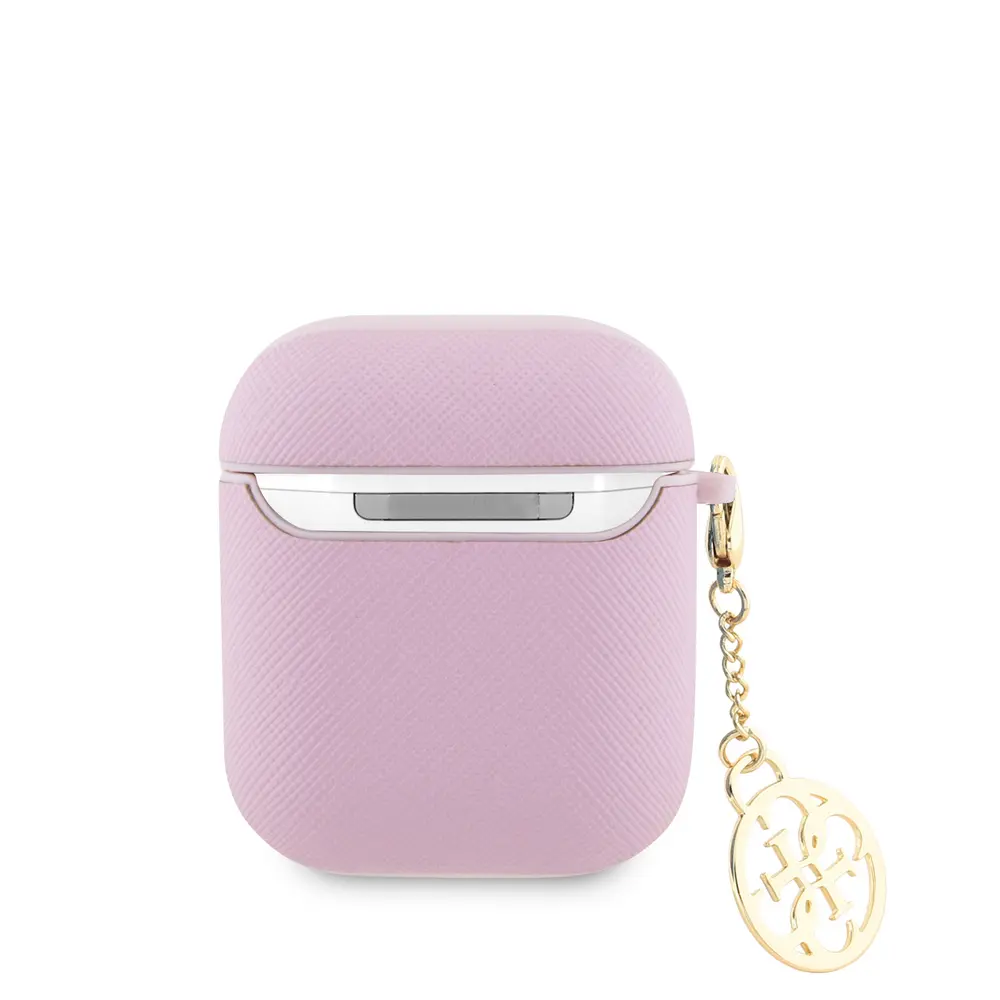 AirPods Uyumlu Dokulu Saffiano Kılıf, Yuvarlak Süs Zincirli - Guess