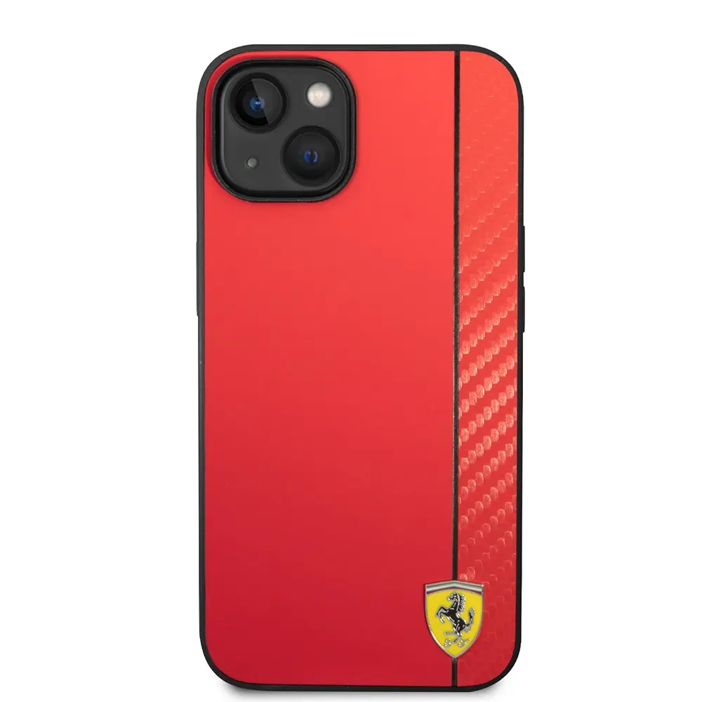 iPhone 14 MagSafe Uyumlu PU Deri Kılıf, Karbon Şeritli - Ferrari