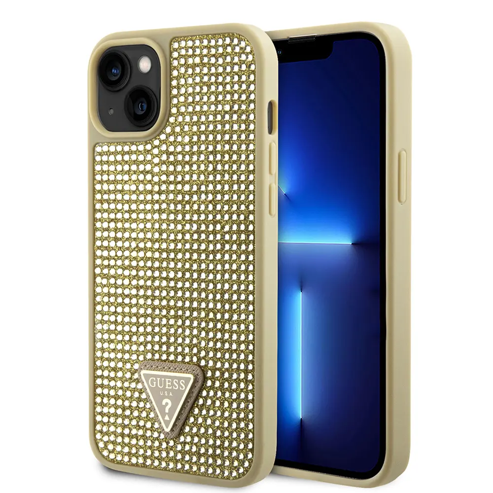 iPhone 14 Taşlı Arka Yüzey Üçgen Logolu Kılıf - Guess Lisanslı