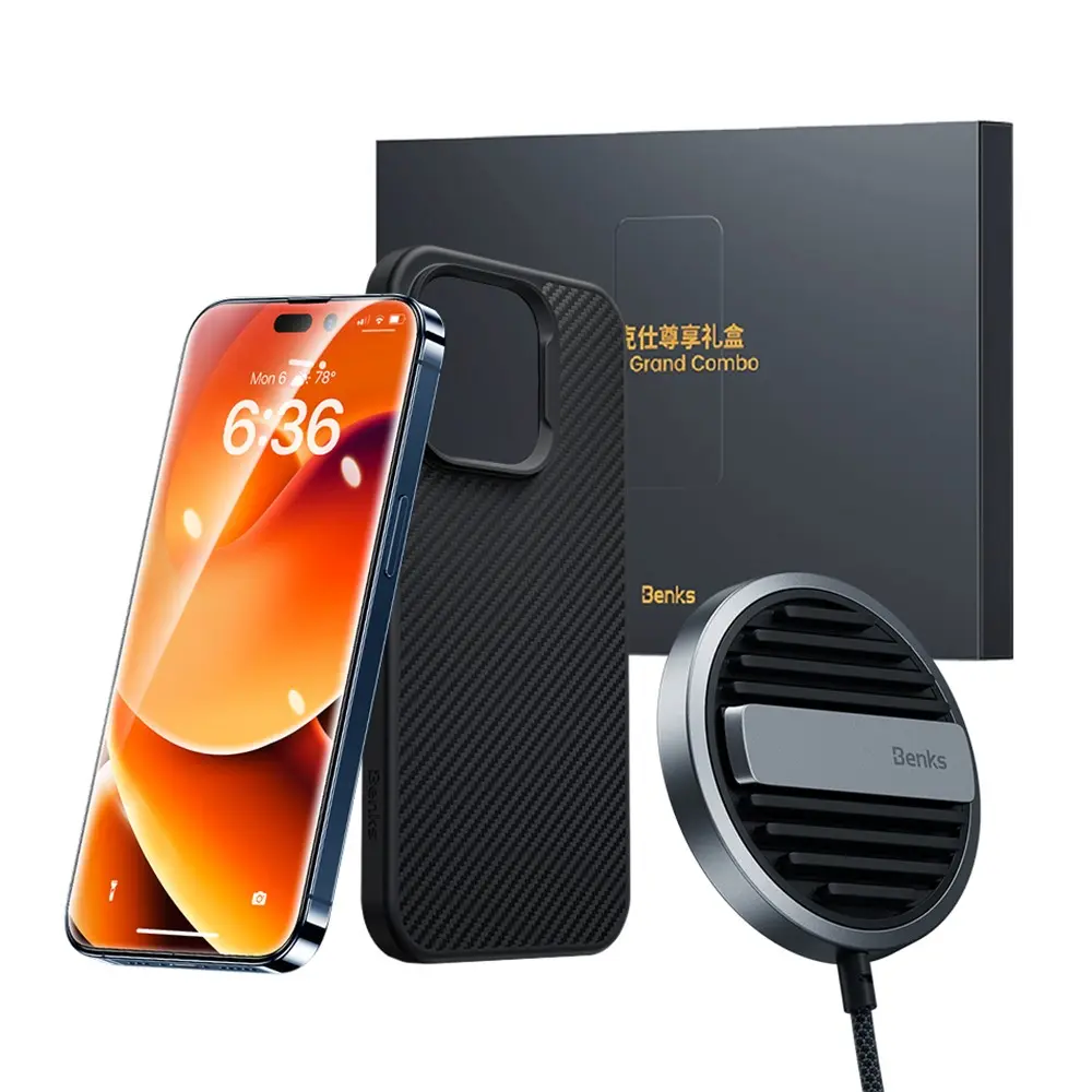 iPhone 14 Pro 3'ü 1 Arada Aksesuar Seti: Kılıf, Ekran Koruyucu ve MagSafe Şarj - Benks Grand Combo MFM01