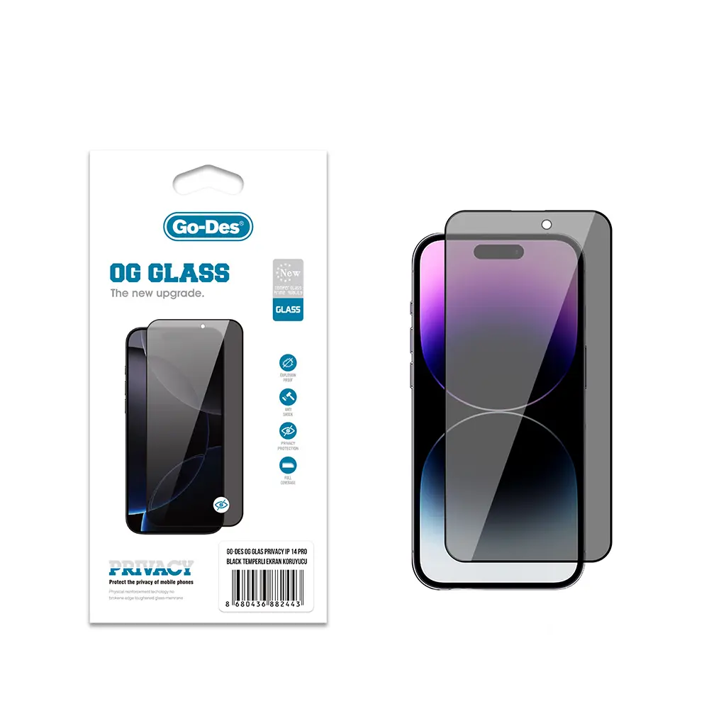 iPhone 14 Pro Gizlilik Filtreli Temperli Cam Ekran Koruyucu - Go Des OG Glass Privacy