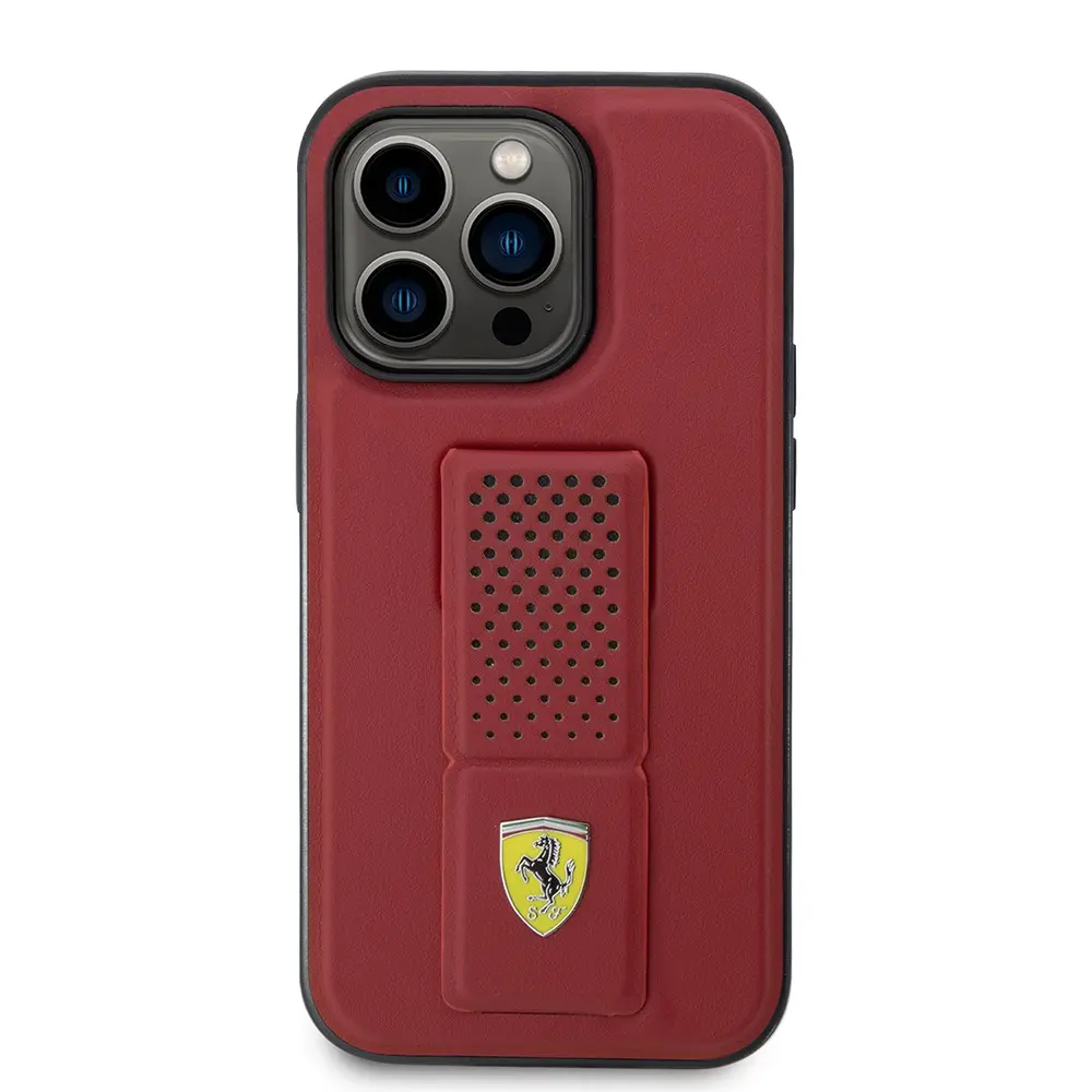 iPhone 14 Pro Standlı Delikli Deri Kılıf - Ferrari Klasik Metal Logo
