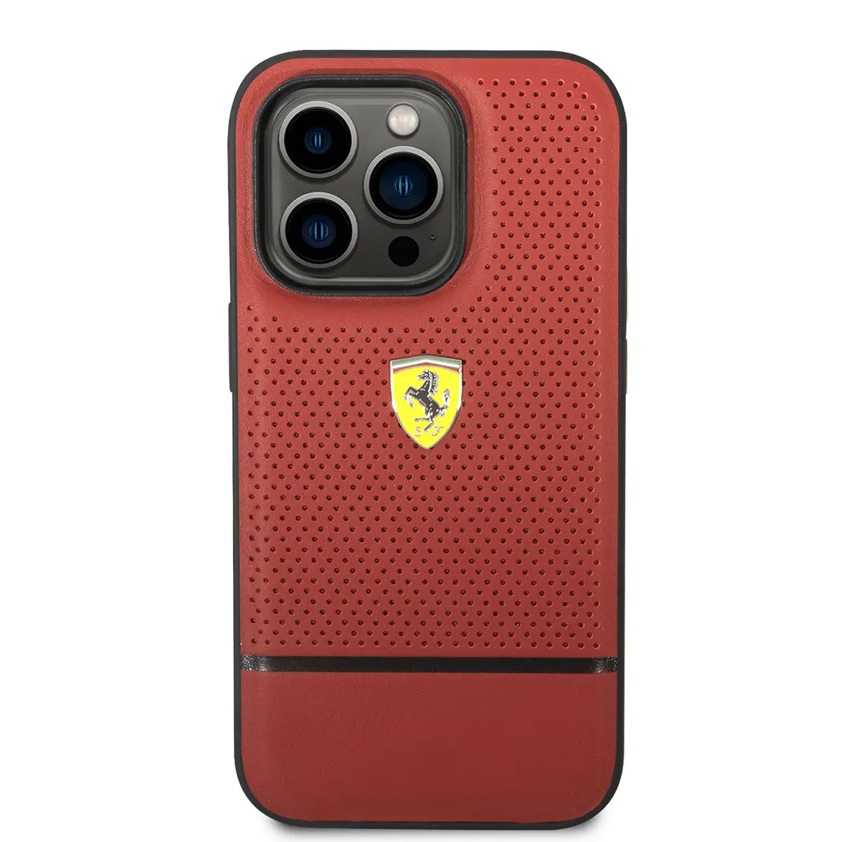 iPhone 14 Pro Delikli ve Çizgili Tasarım Deri Kılıf - Ferrari Lisanslı