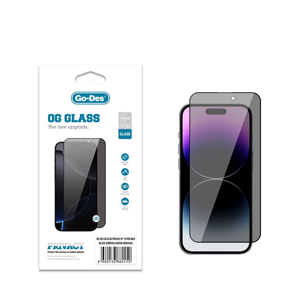 iPhone 14 Pro Max Gizlilik Filtreli Temperli Cam Ekran Koruyucu - Go Des OG Glass Privacy