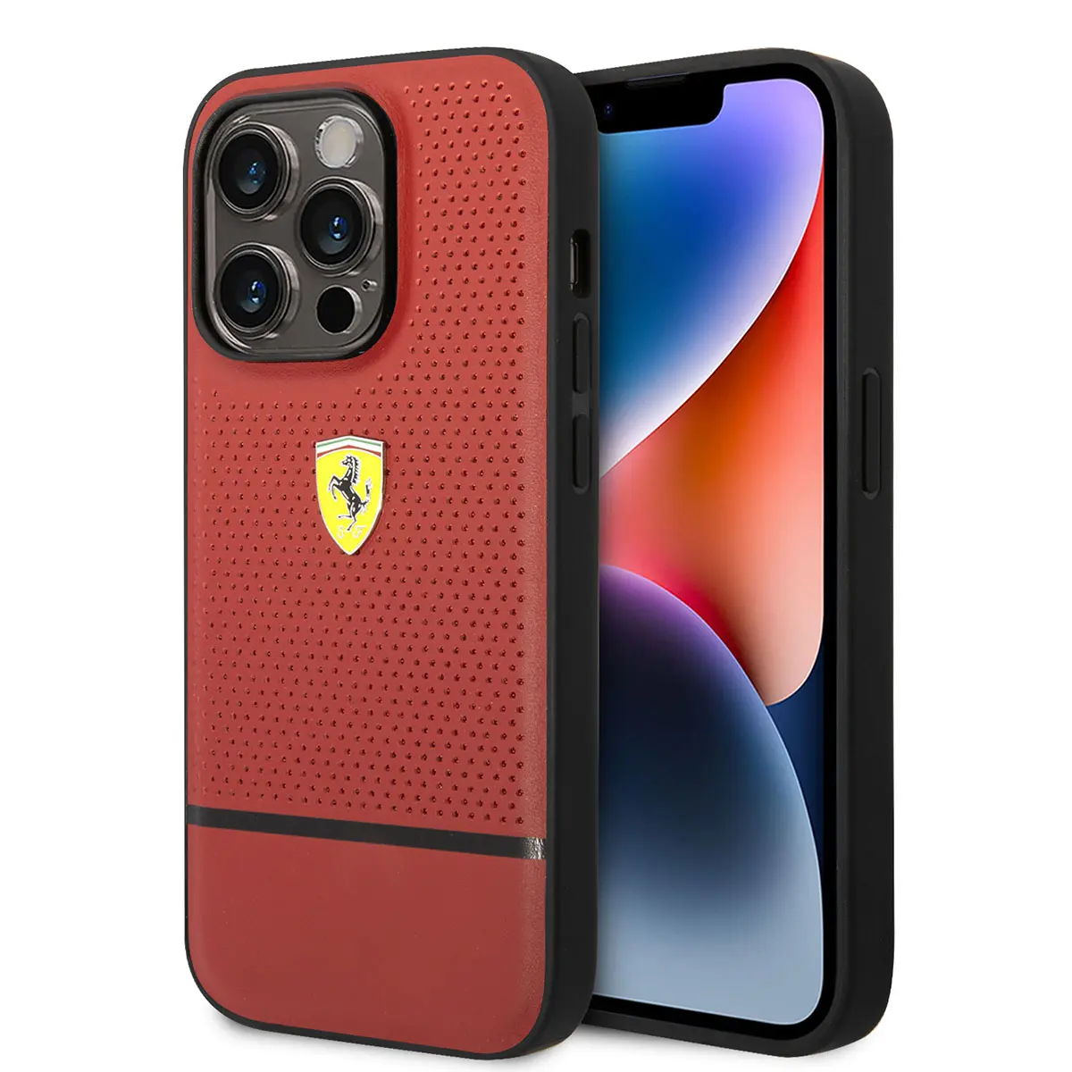 iPhone 14 Pro Max Ferrari Lisanslı Deri Kılıf, Delikli ve Çizgili Tasarım