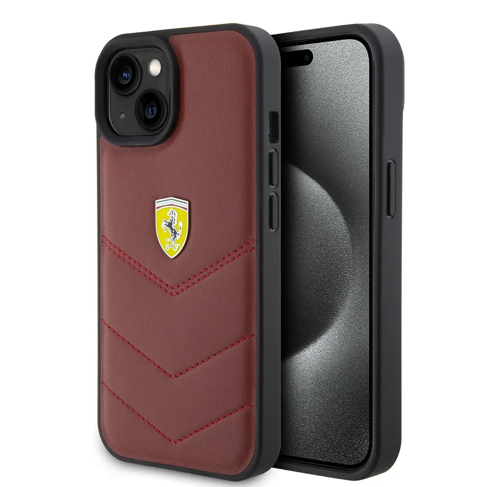 iPhone 15 Deri Dikişli Metal Logolu Kılıf - Ferrari Lisanslı