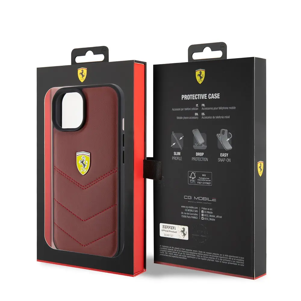 iPhone 15 Deri Dikişli Metal Logolu Kılıf - Ferrari Lisanslı