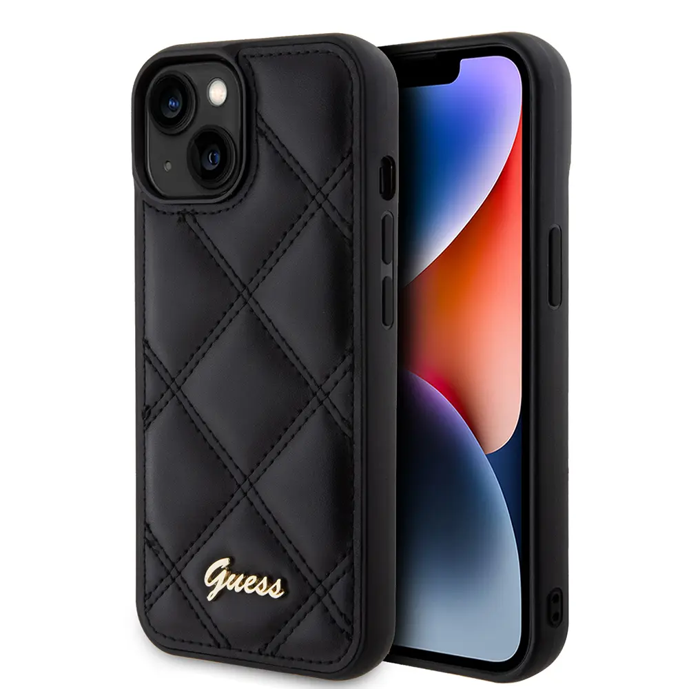 iPhone 15 PU Deri Kapitone Kılıf, Metal Yazı Logolu - Guess