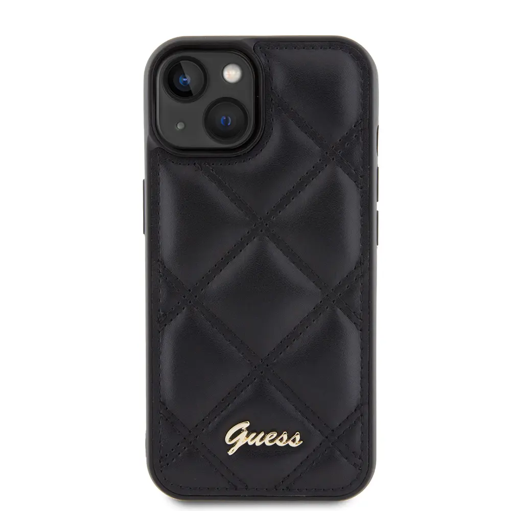 iPhone 15 PU Deri Kapitone Kılıf, Metal Yazı Logolu - Guess