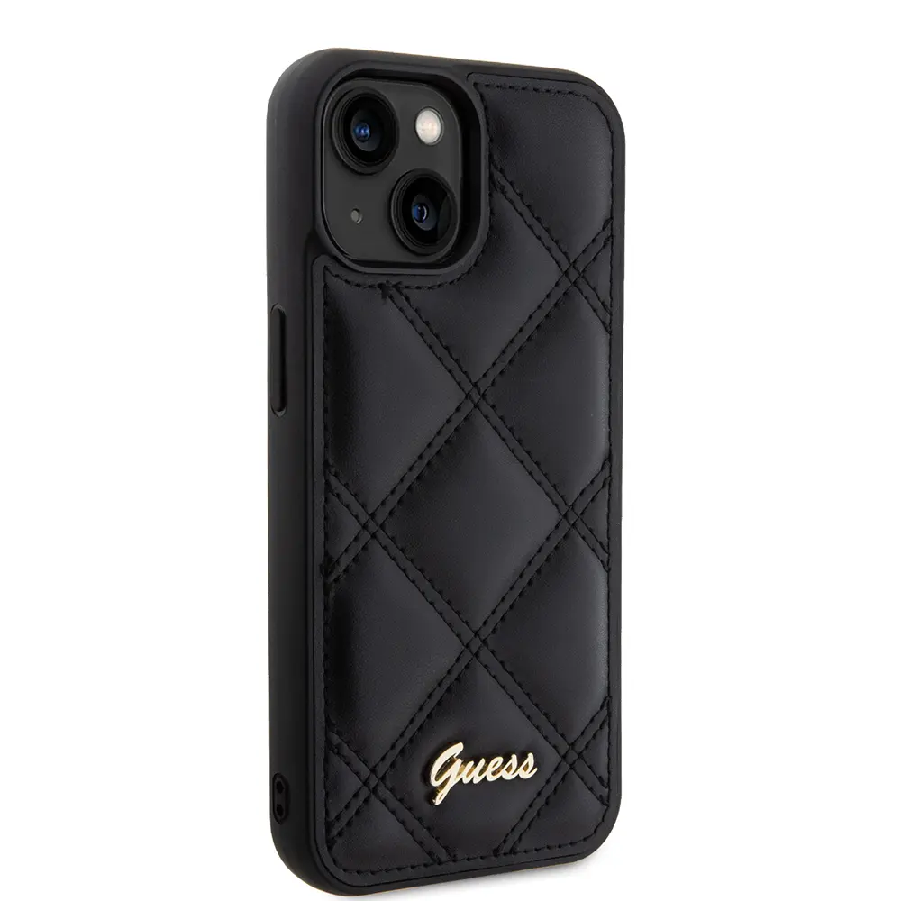 iPhone 15 PU Deri Kapitone Kılıf, Metal Yazı Logolu - Guess