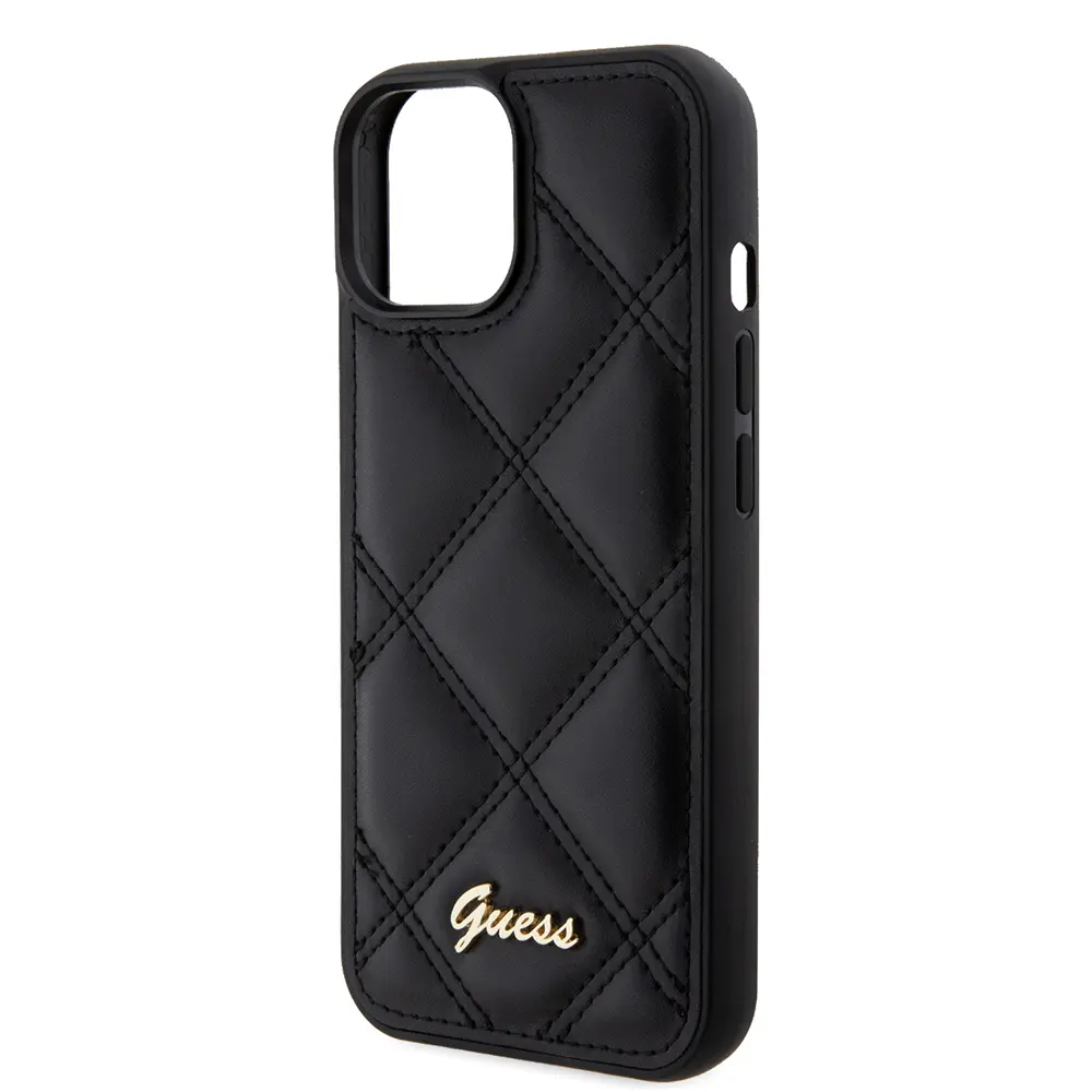 iPhone 15 PU Deri Kapitone Kılıf, Metal Yazı Logolu - Guess