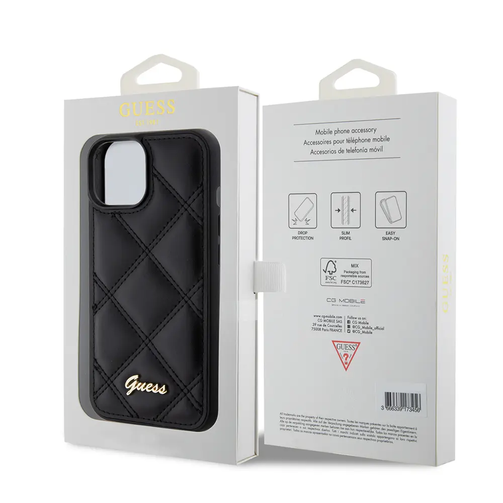 iPhone 15 PU Deri Kapitone Kılıf, Metal Yazı Logolu - Guess