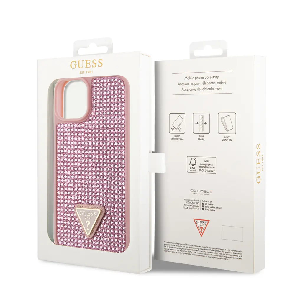 iPhone 15 Taşlı Arka Yüzey Üçgen Logolu Kılıf - Guess Lisanslı