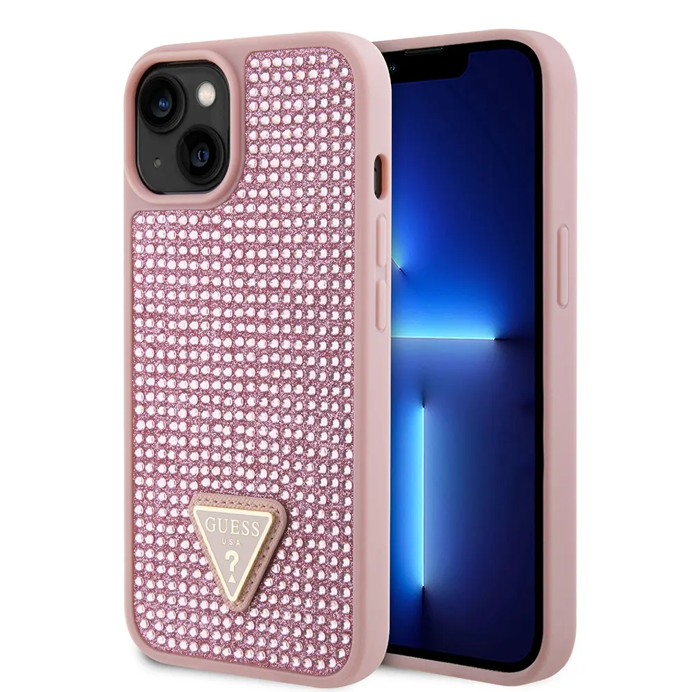 iPhone 15 Taşlı Arka Yüzey Üçgen Logolu Kılıf - Guess Lisanslı