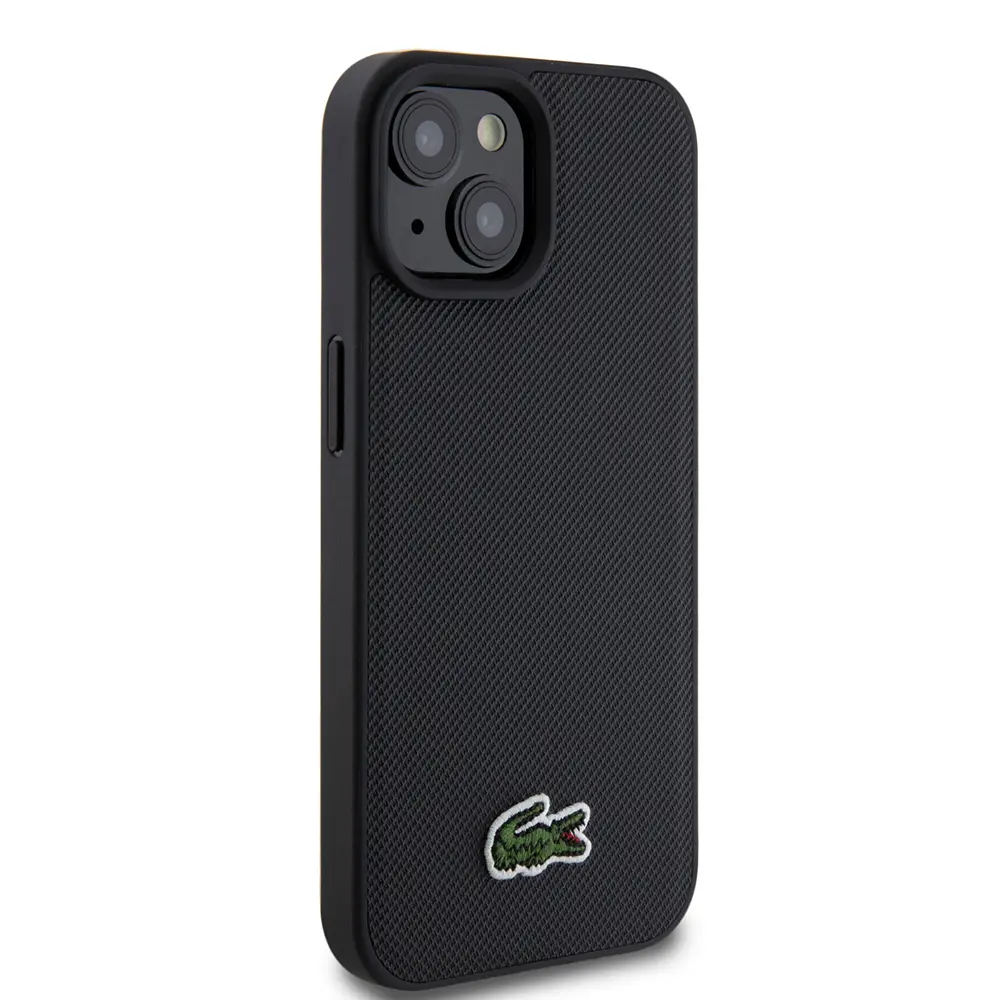 iPhone 15 Lacoste Lisanslı PU Pike Desenli Kılıf, Siyah, Type-C Kablo Hediyeli