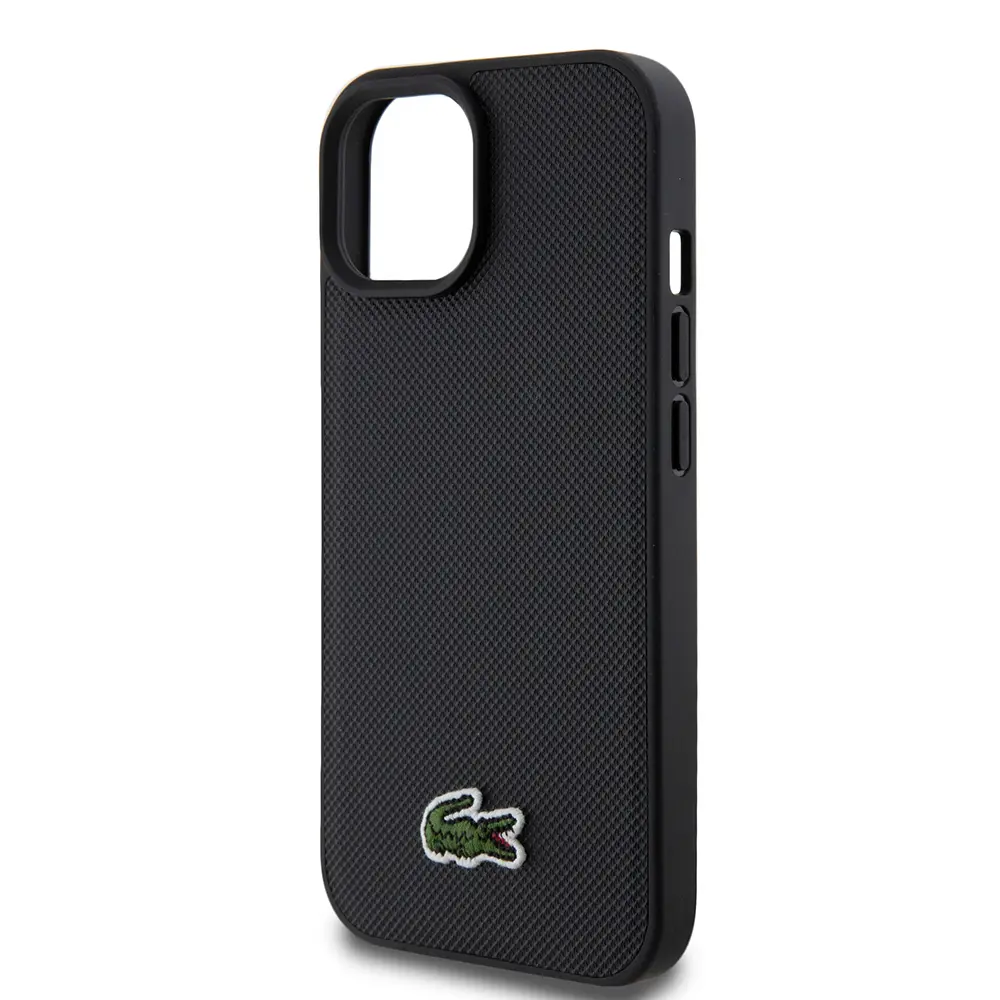 iPhone 15 Lacoste Lisanslı PU Pike Desenli Kılıf, Siyah, Type-C Kablo Hediyeli