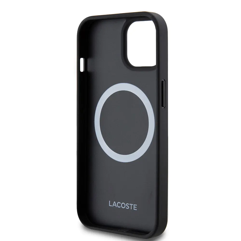 iPhone 15 Lacoste Lisanslı PU Pike Desenli Kılıf, Siyah, Type-C Kablo Hediyeli