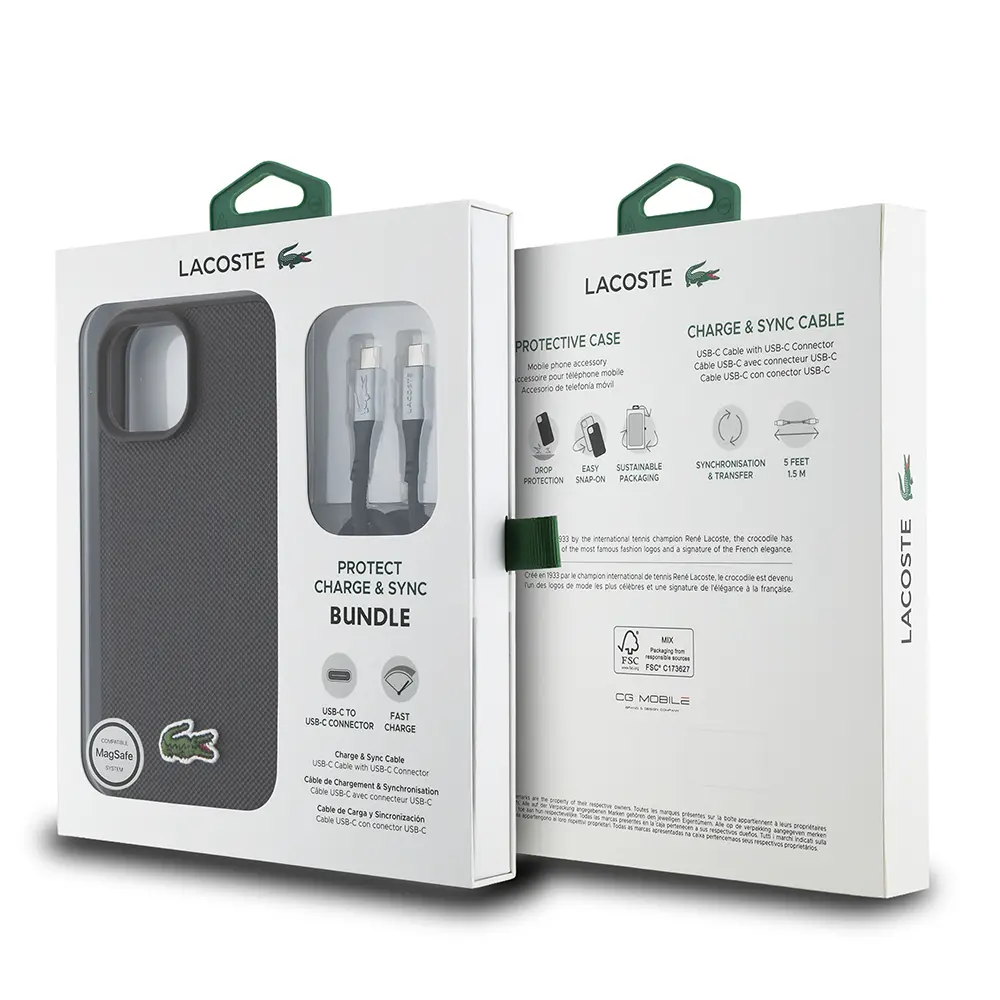 iPhone 15 Lacoste Lisanslı PU Pike Desenli Kılıf, Siyah, Type-C Kablo Hediyeli