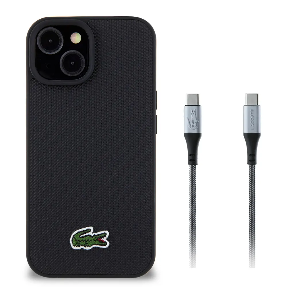 iPhone 15 Lacoste Lisanslı PU Pike Desenli Kılıf, Siyah, Type-C Kablo Hediyeli