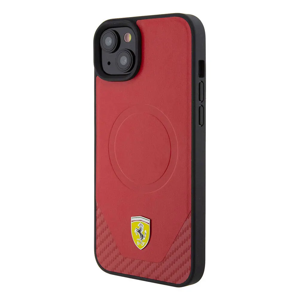 iPhone 15 Plus MagSafe Uyumlu Ferrari Lisanslı Kılıf - PU Karbon Metal Logolu