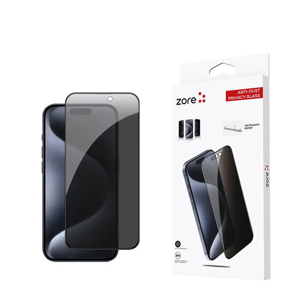 iPhone 15 Pro Gizlilik Filtreli Temperli Cam Ekran Koruyucu - Zore Anti-Dust