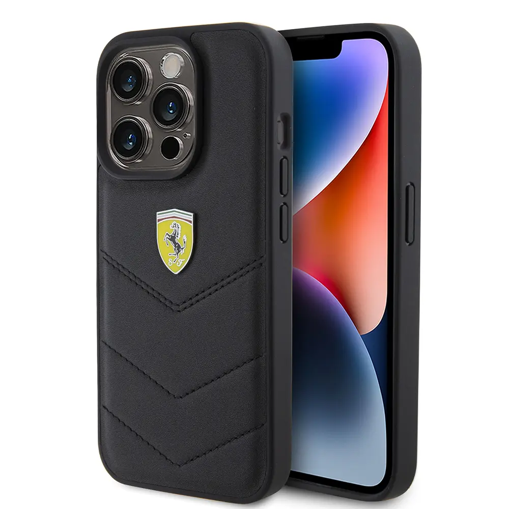 iPhone 15 Pro Deri Dikişli Metal Logolu Kılıf - Ferrari Lisanslı