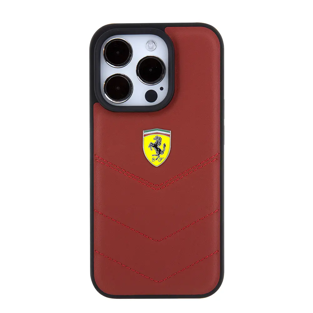 iPhone 15 Pro Deri Dikişli Metal Logolu Kılıf - Ferrari Lisanslı