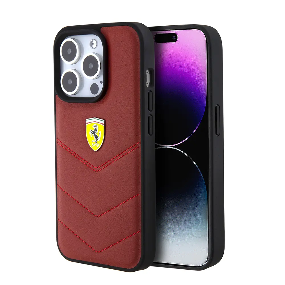 iPhone 15 Pro Deri Dikişli Metal Logolu Kılıf - Ferrari Lisanslı