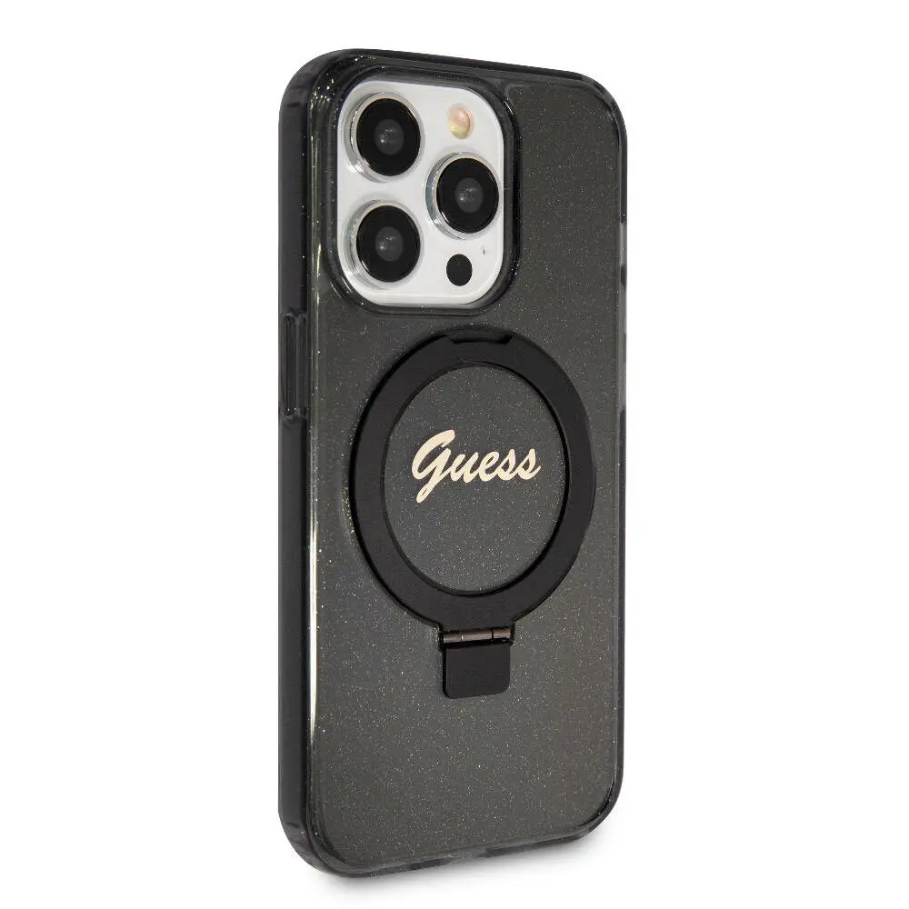 iPhone 15 Pro MagSafe Uyumlu Simli Arka Yüzey Ring Standlı Kılıf - Guess