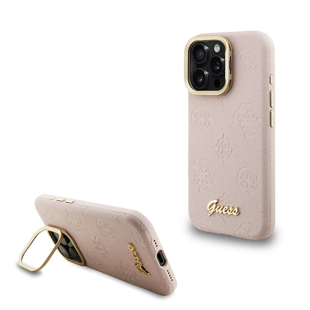 iPhone 15 Pro MagSafe Uyumlu Kamera Standlı PU Deri Kılıf - Guess Peony