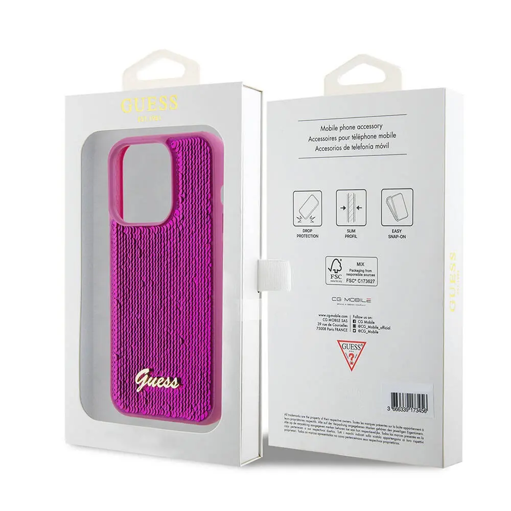 iPhone 15 Pro Pullu Arka Yüzeyli Lisanslı Kılıf - Guess Sequin Script