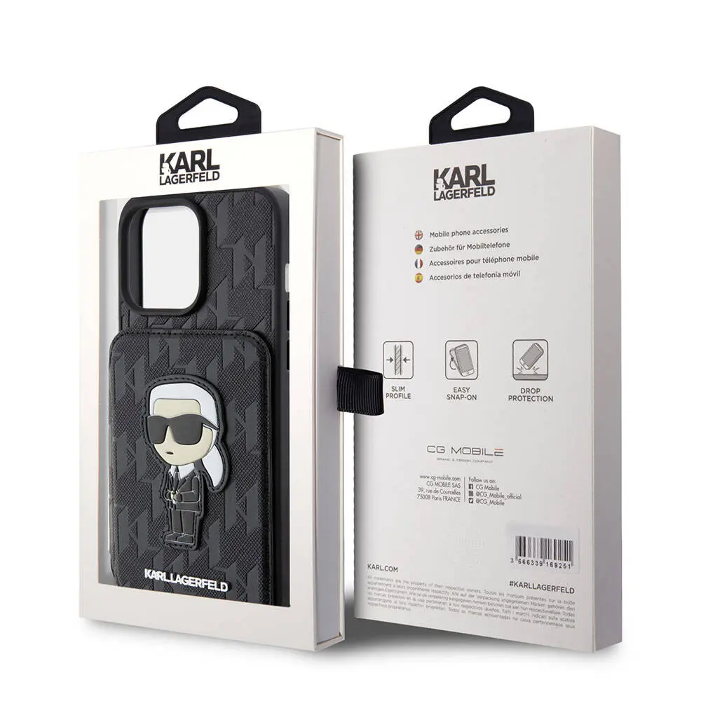 iPhone 15 Pro Standlı Kartlıklı Kılıf - Karl Lagerfeld Saffiano Monogram