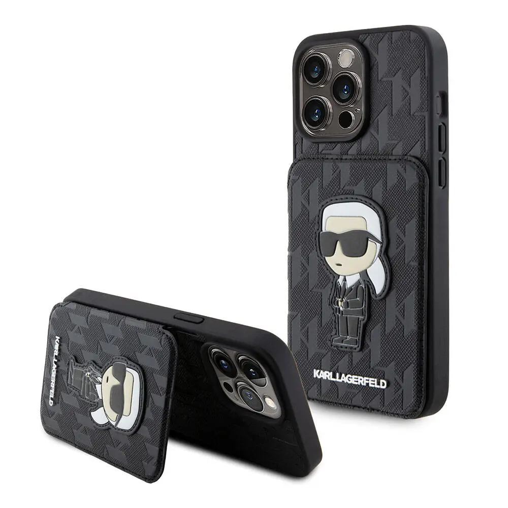 iPhone 15 Pro Standlı Kartlıklı Kılıf - Karl Lagerfeld Saffiano Monogram