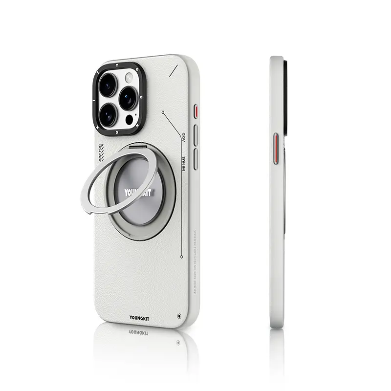 iPhone 15 Pro MagSafe Uyumlu 360° Standlı Mat Deri Kılıf - Youngkit Tech Leather
