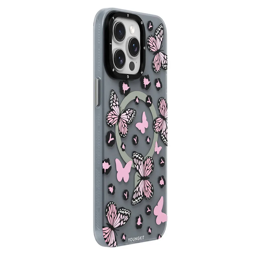 iPhone 15 Pro MagSafe Uyumlu Kelebek Desenli Kılıf - Youngkit Shadow Dance