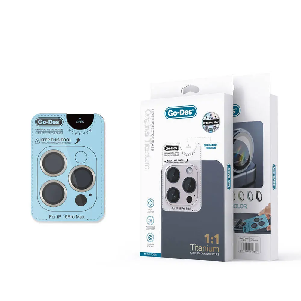 iPhone 15 Pro Max Kamera Lens Koruyucu, Temperli Cam - Go Des Titanium Premium
