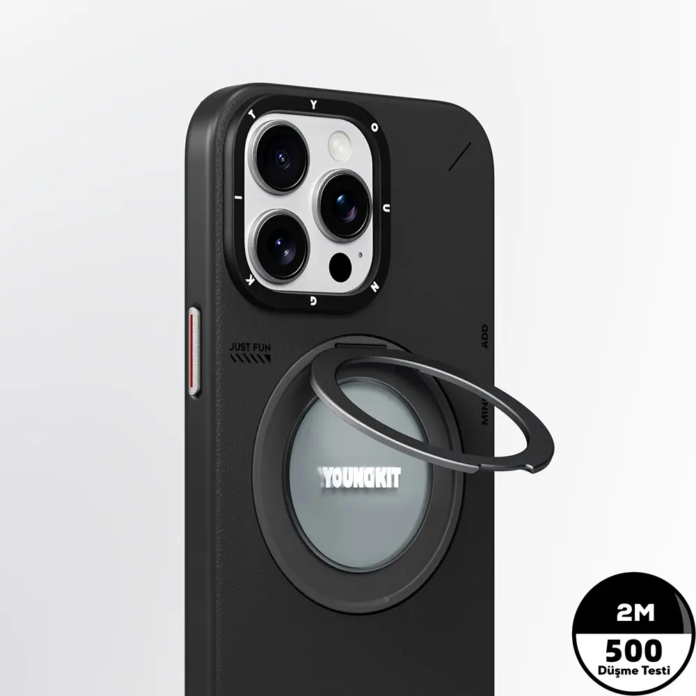 iPhone 15 Pro Max MagSafe Uyumlu 360° Standlı Mat Deri Kılıf - Youngkit Tech Leather