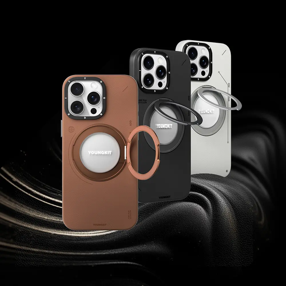 iPhone 15 Pro Max MagSafe Uyumlu 360° Standlı Mat Deri Kılıf - Youngkit Tech Leather
