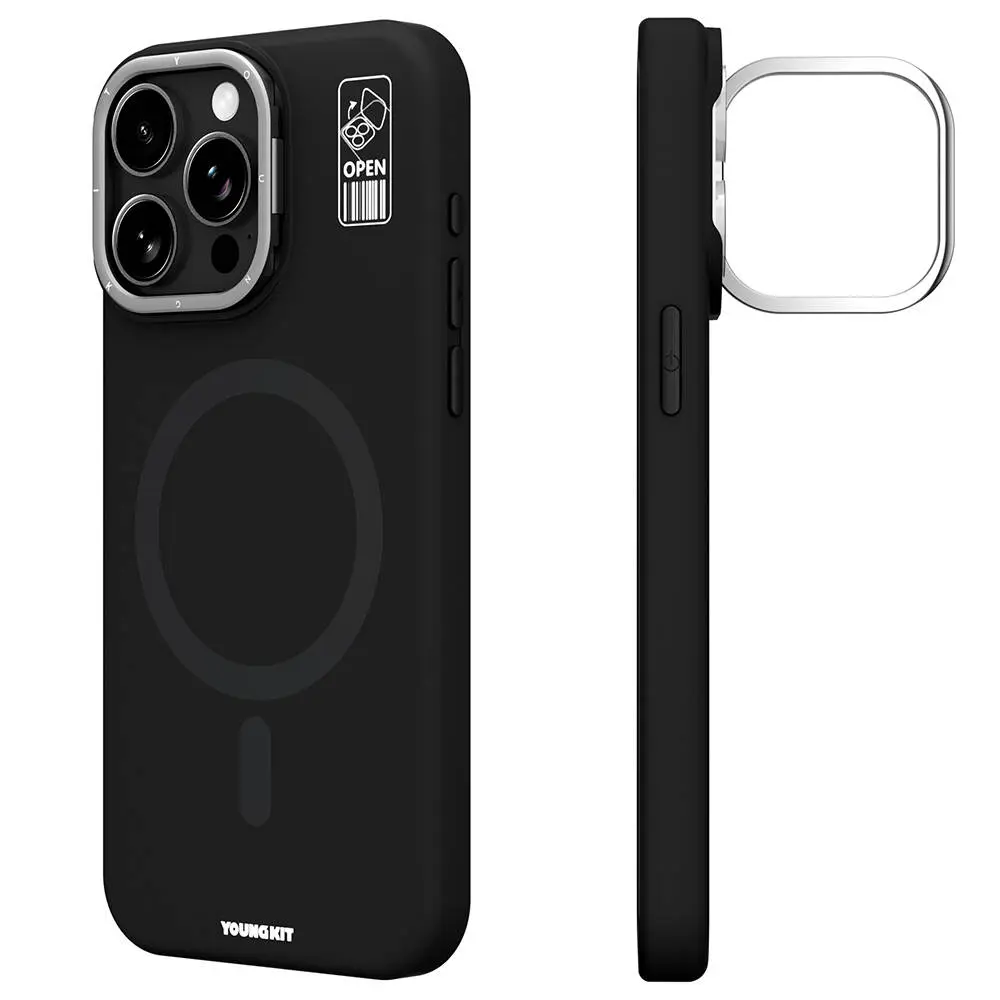 iPhone 15 Pro Max MagSafe Uyumlu Kamera Standlı Silikon Kılıf - Youngkit Bitty Cream