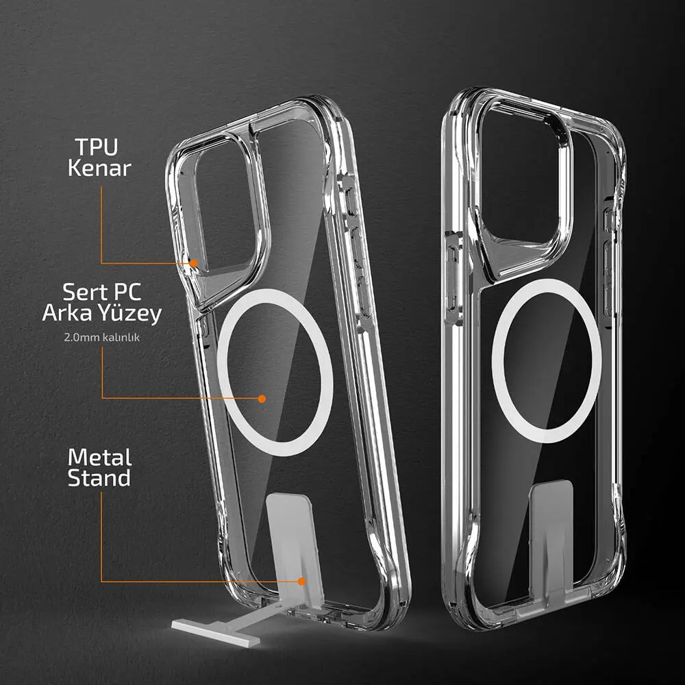 iPhone 15 Pro Max MagSafe Uyumlu Standlı Şeffaf Kılıf - Zore T-Max