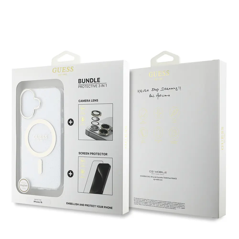 iPhone 16 Guess Lisanslı 3'lü Set: Simli Glitter Kılıf, Ekran ve Lens Koruyucu