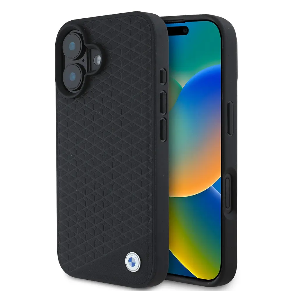 Apple iPhone 16 Kılıf BMW Orjinal Lisanslı M-safe Şarj Özellikli Metal Logolu Dokulu Diamond Deri Kapak