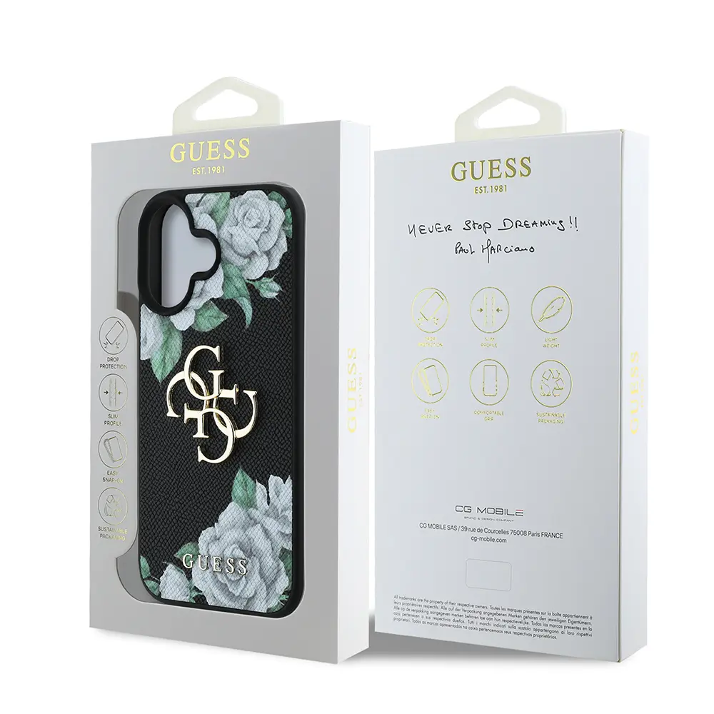 iPhone 16 Gül Baskılı Büyük Metal Logo Kılıf - Guess