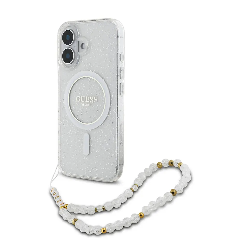 iPhone 16 MagSafe Uyumlu Simli Silikon Kılıf, İnci Bileklikli - Guess