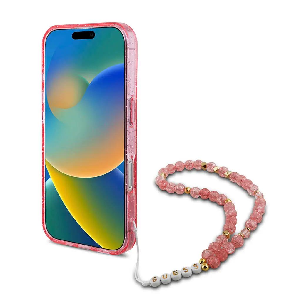 iPhone 16 MagSafe Uyumlu Simli Silikon Kılıf, İnci Bileklikli - Guess