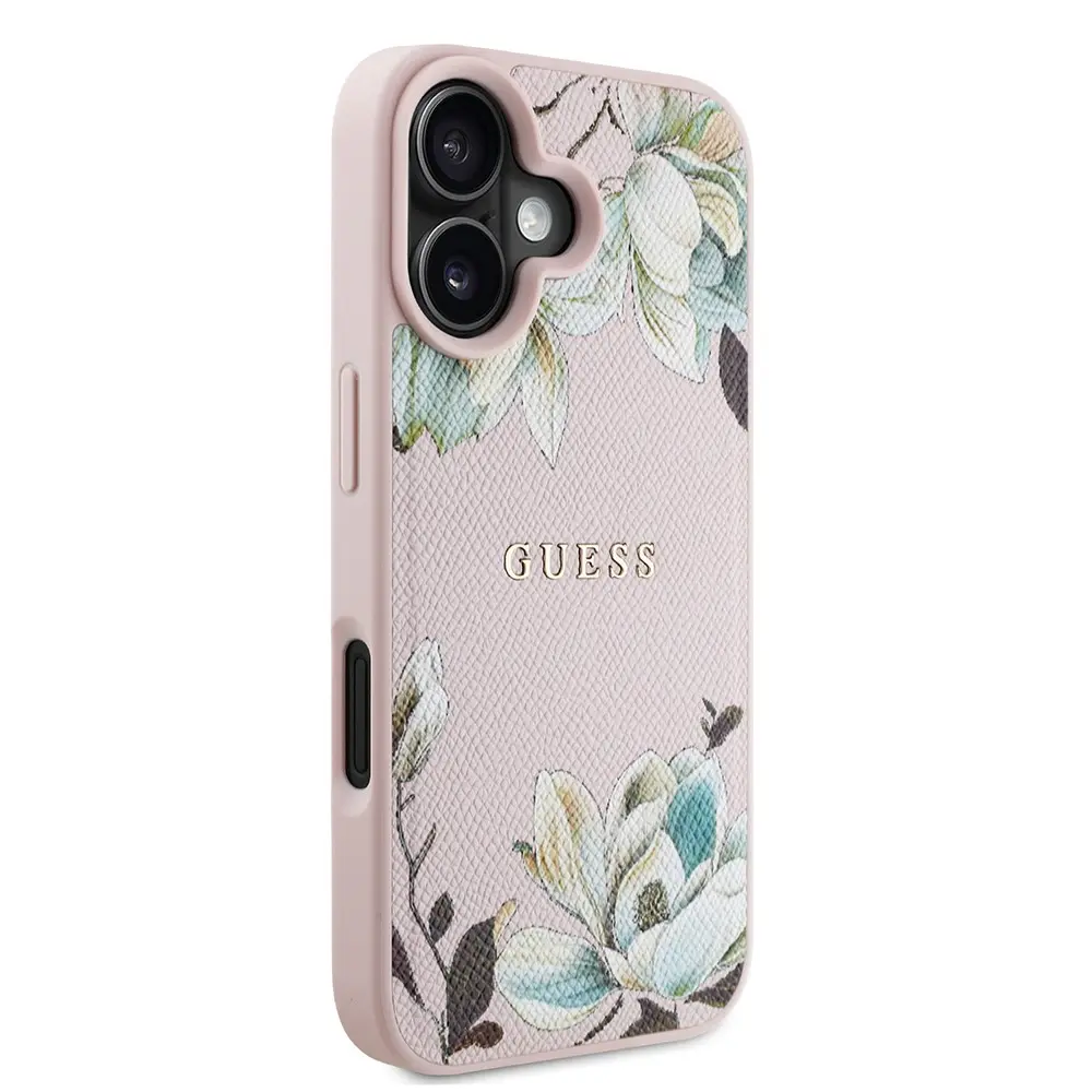 Apple iPhone 16 Kılıf Guess Orjinal Lisanslı M-safe Şarj Özellikli Taneli Çiçek Tasarımlı Metal Yazı Logolu Kapak
