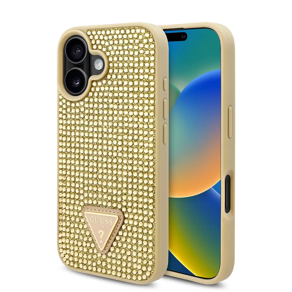 iPhone 16 Taşlı Arka Yüzey Üçgen Logolu Kılıf - Guess Lisanslı