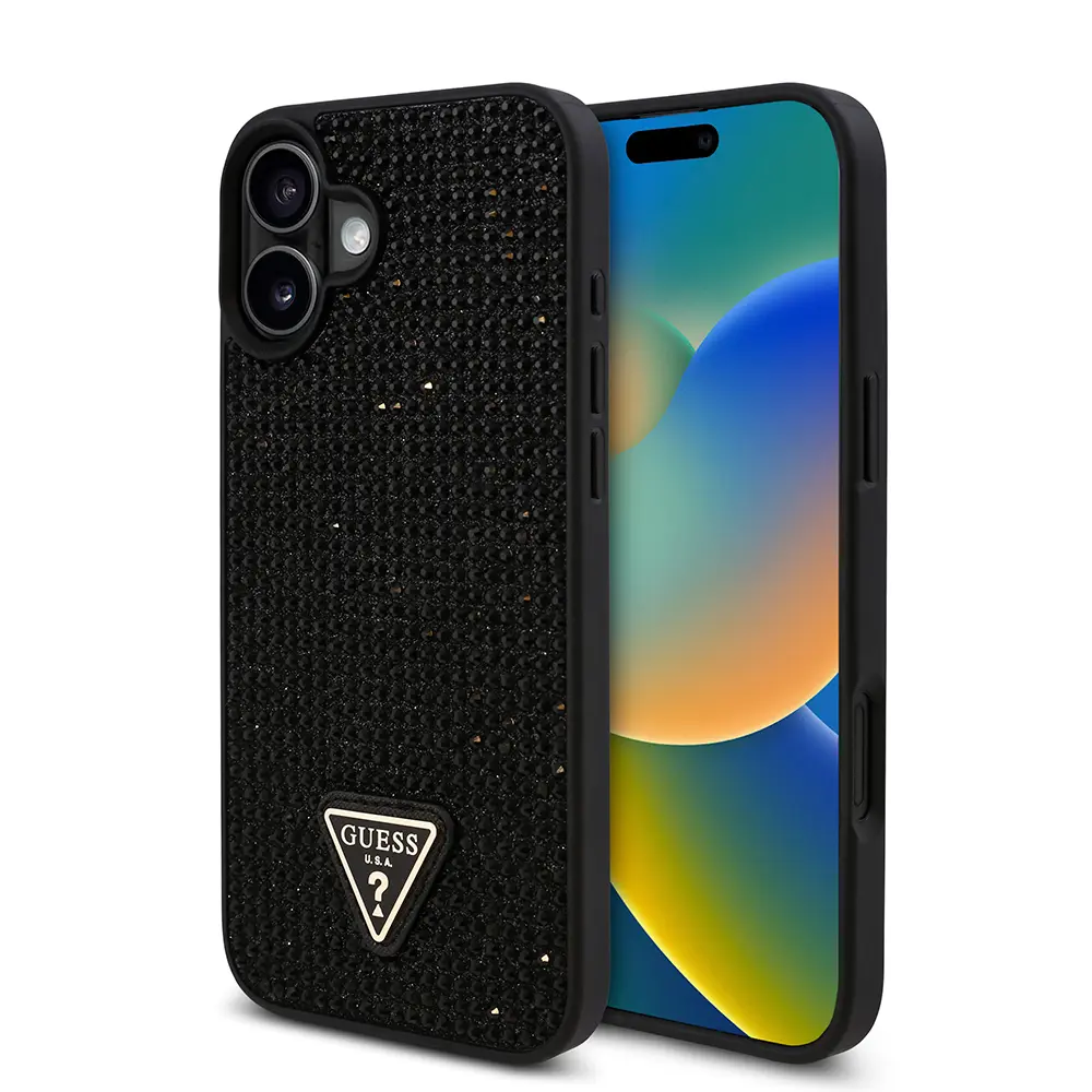 iPhone 16 Taşlı Arka Yüzey Üçgen Logolu Kılıf - Guess Lisanslı